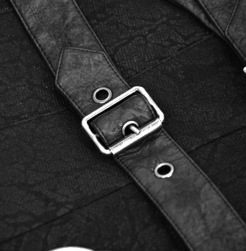 Close-up of the buckled leather strap on a men's black asymmetric kilt skirt, highlighting gothic fashion details.