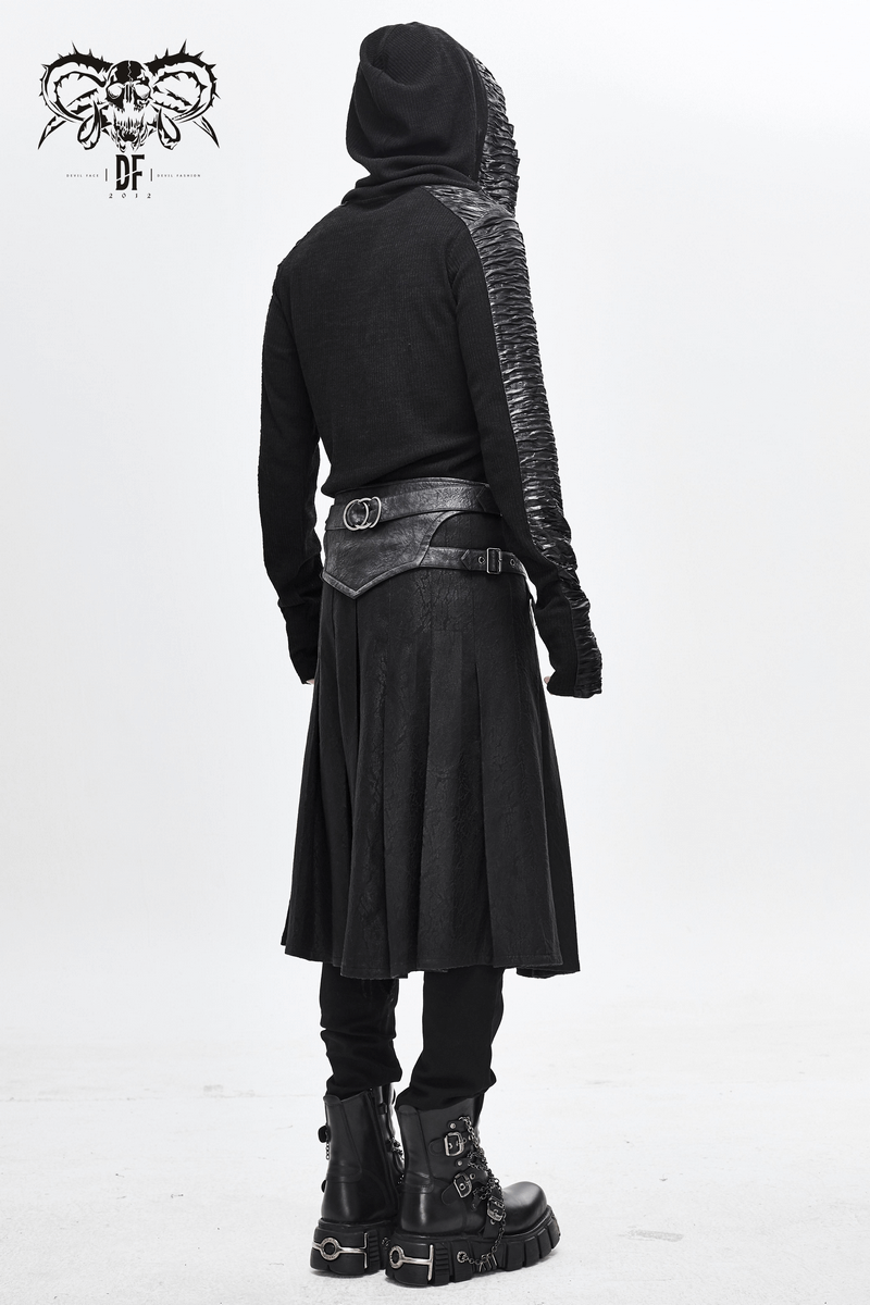 Men's gothic kilt skirt with buckled belt, featuring a hooded top and stylish black boots.