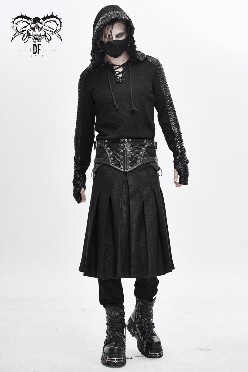 Men's black asymmetric kilt skirt with a hooded top, featuring gothic style and edgy accessories.