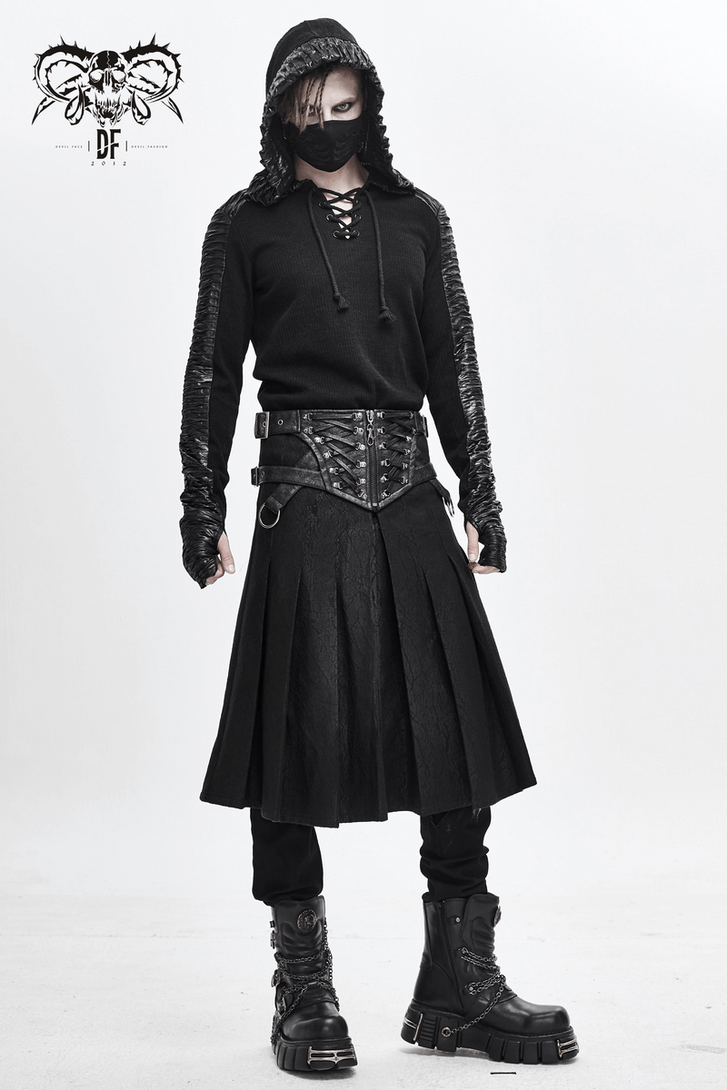 Men's gothic kilt skirt with hooded top and chunky boots, showcasing stylish asymmetric design and edgy vibe.