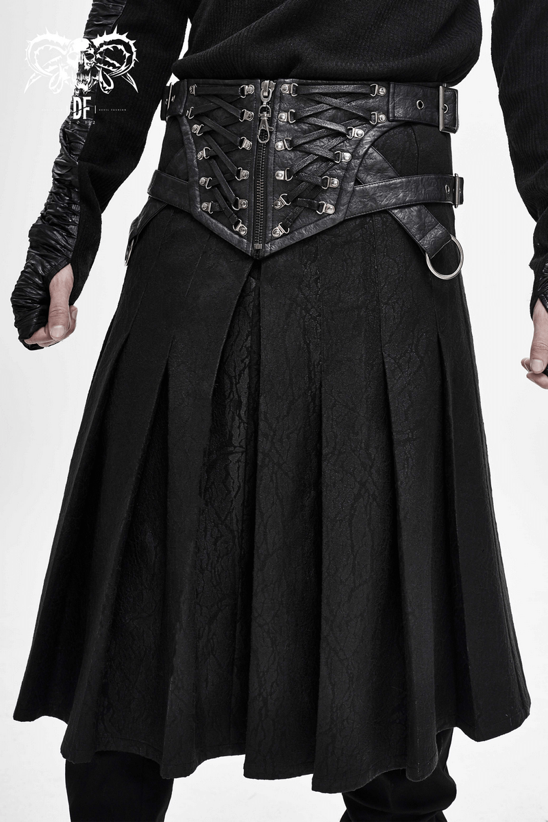 Men's black asymmetric kilt skirt with buckled leather straps and detailed lacing for a gothic look.