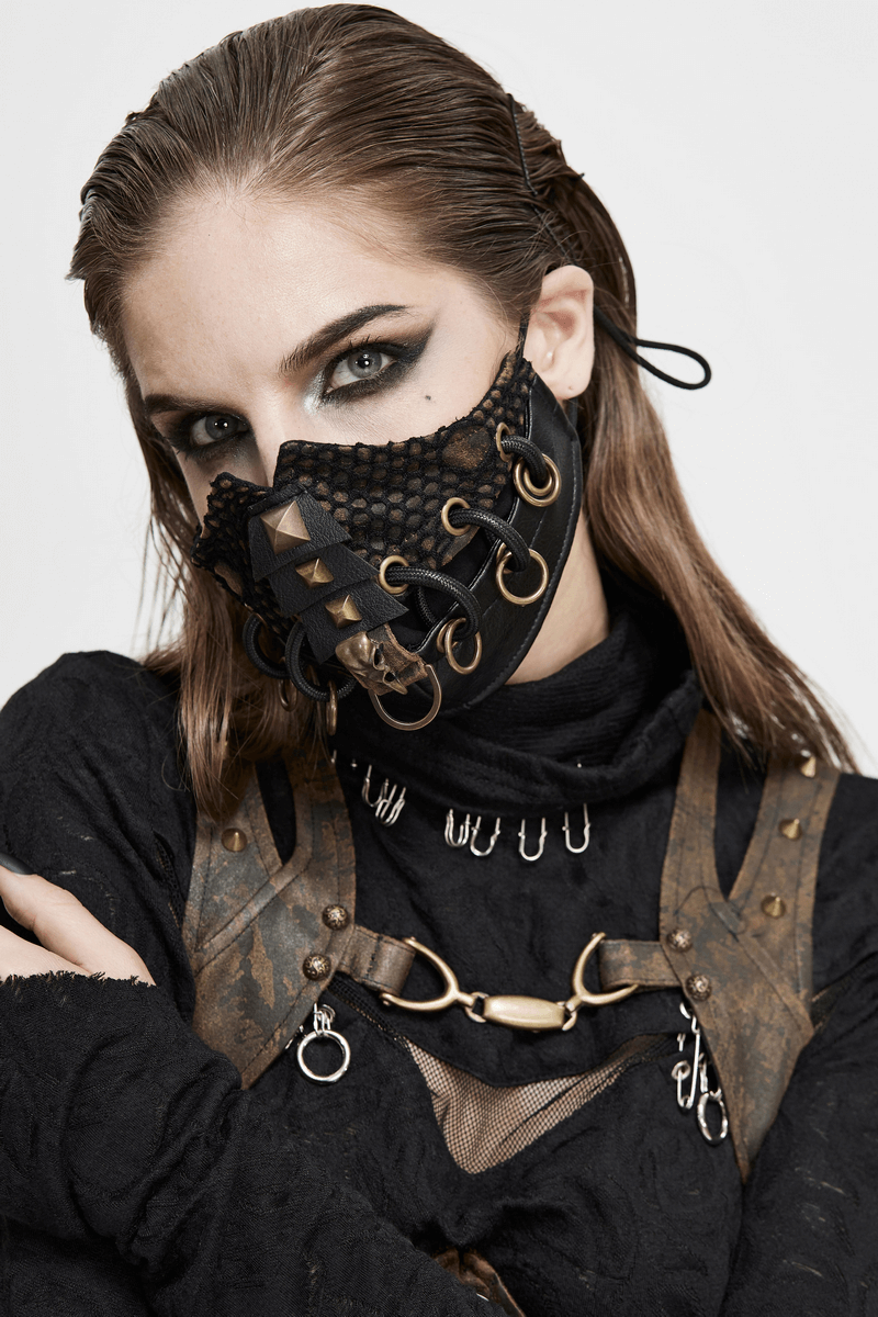 Stylish unisex dieselpunk face mask with decorative raven skull, copper studs, and punk accessories.