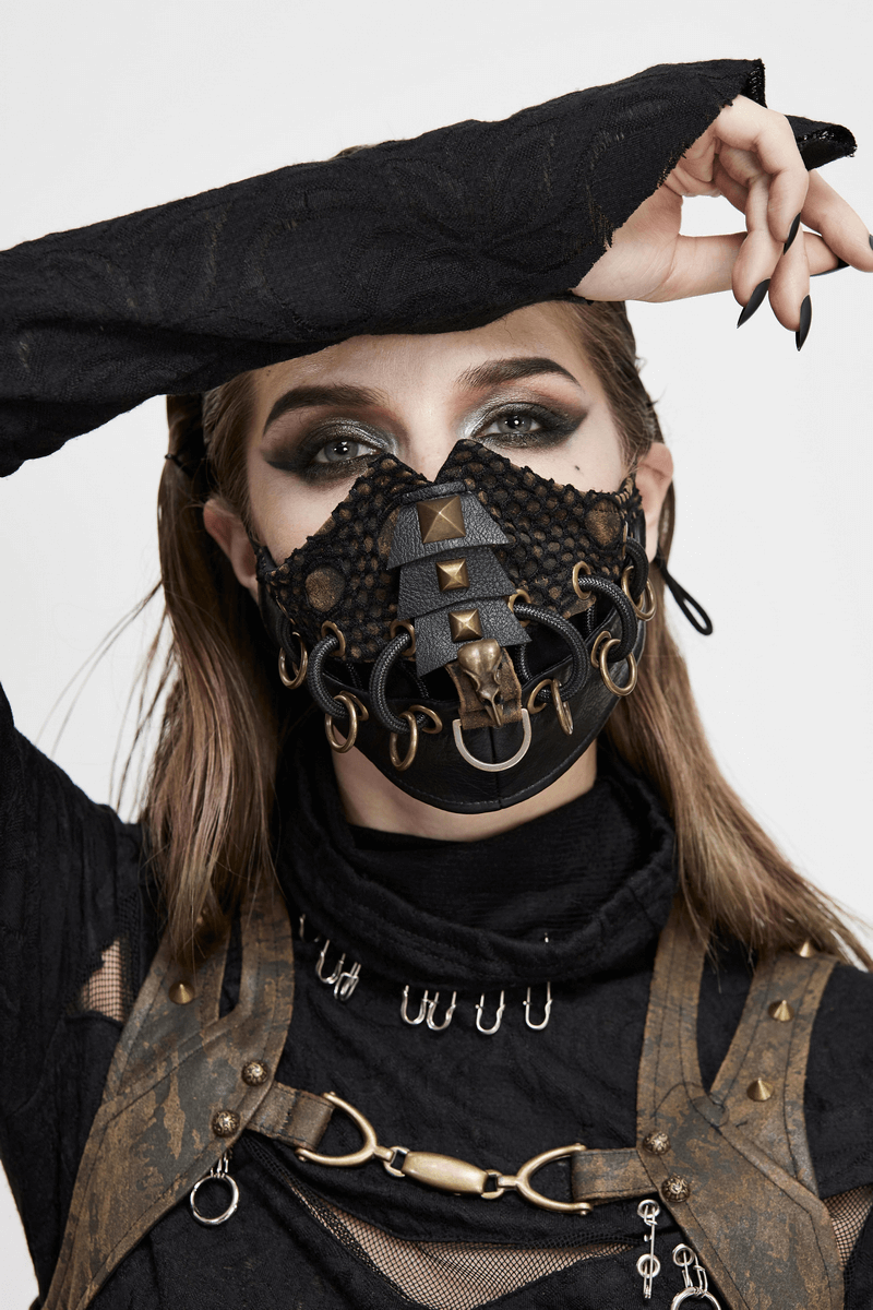 Trendy unisex dieselpunk face mask with copper studs and decorative raven skull, perfect for punk style outfits.