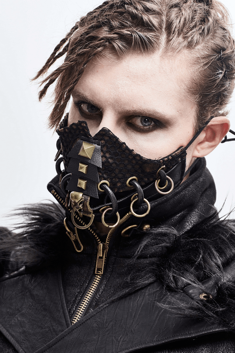 Stylish dieselpunk face mask with raven skull design, black leather, and bold copper studs for a punk fashion statement.