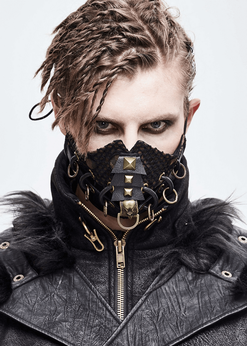 Unisex dieselpunk face mask featuring decorative raven skull, copper studs, and a stylish punk design.