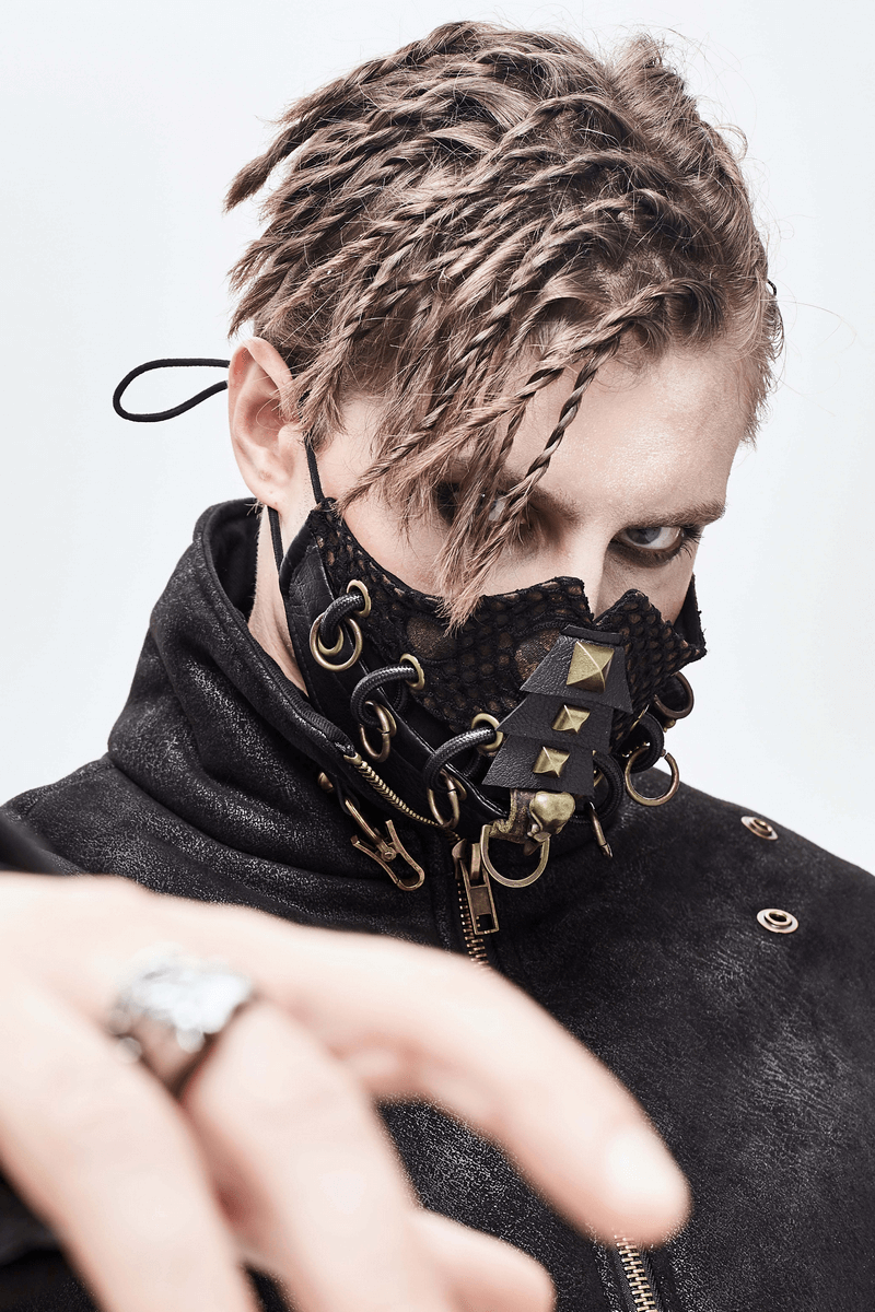 Unisex stylish dieselpunk face mask with raven skull design and bronze studs, perfect for punk fashion enthusiasts.