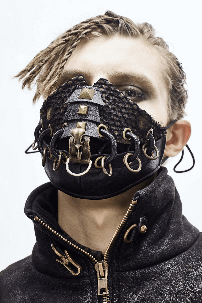 Stylish dieselpunk face mask featuring decorative raven skull and copper studs, perfect for punk fashion enthusiasts.