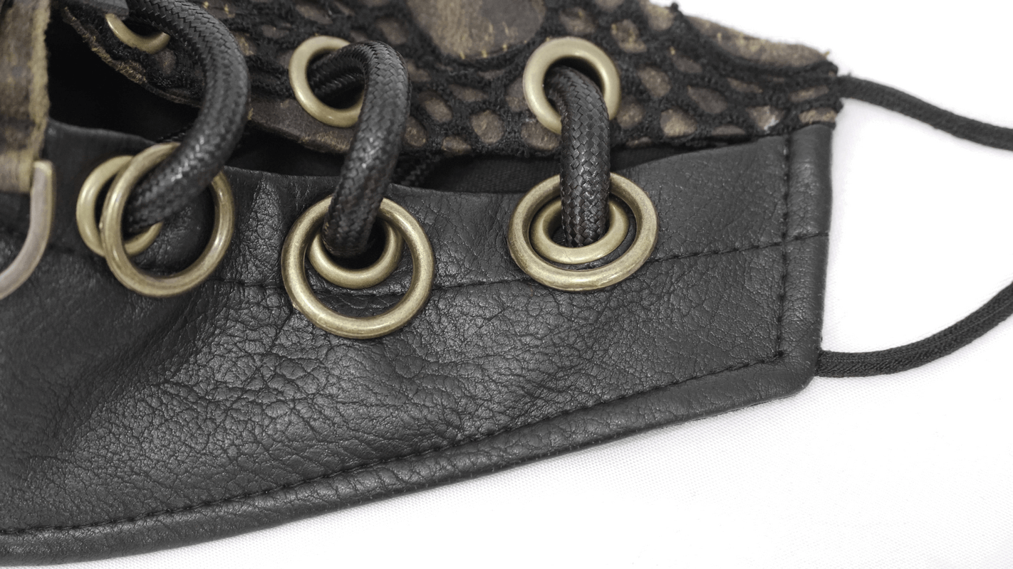 Close-up of a dieselpunk face mask showing bronze rings and laces, highlighting its unique design and style.