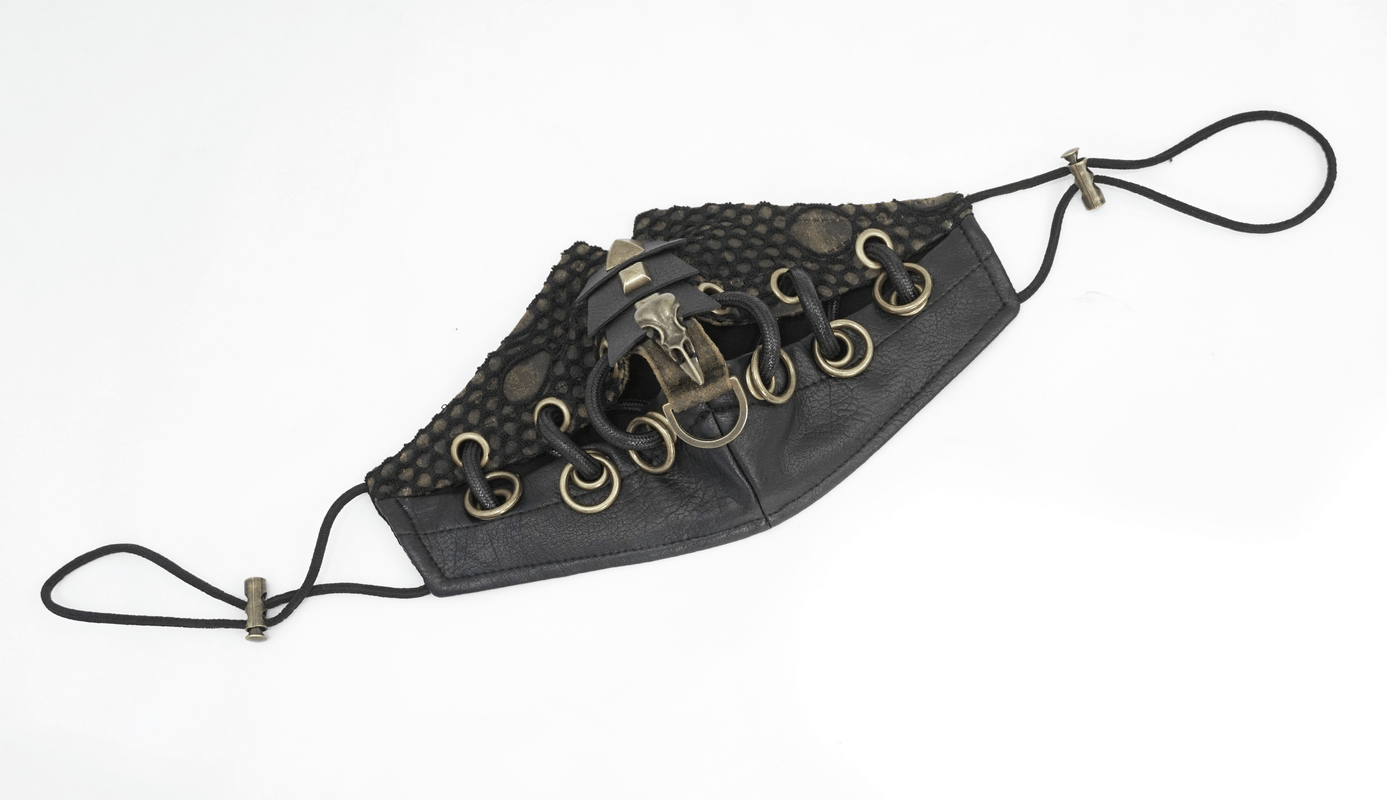 Stylish dieselpunk face mask with decorative raven skull and copper studs, perfect punk accessory for unisex fashion.