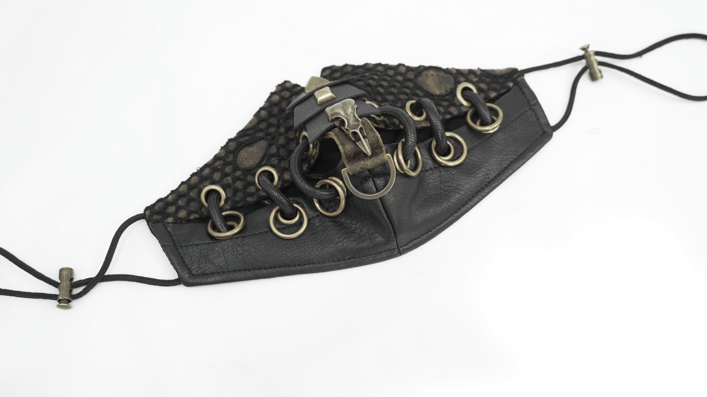 Stylish dieselpunk face mask with decorative raven skull and copper studs, perfect for punk fashion enthusiasts.