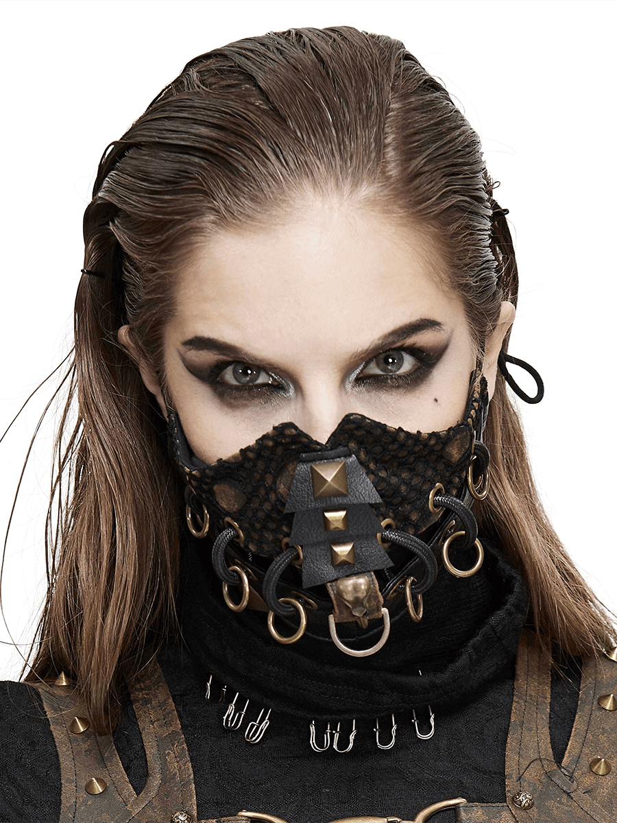 Dieselpunk Face Mask with Decorative Raven Skull / Pu Leather Mask with Copper Studs - HARD'N'HEAVY