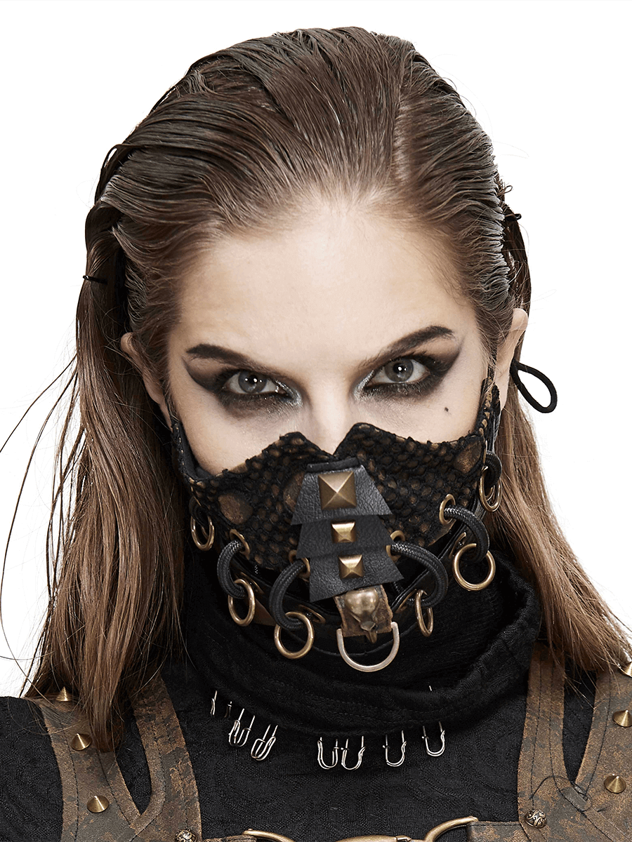 Unisex dieselpunk mask with decorative raven skull and copper studs, a stylish punk accessory for bold outfits.