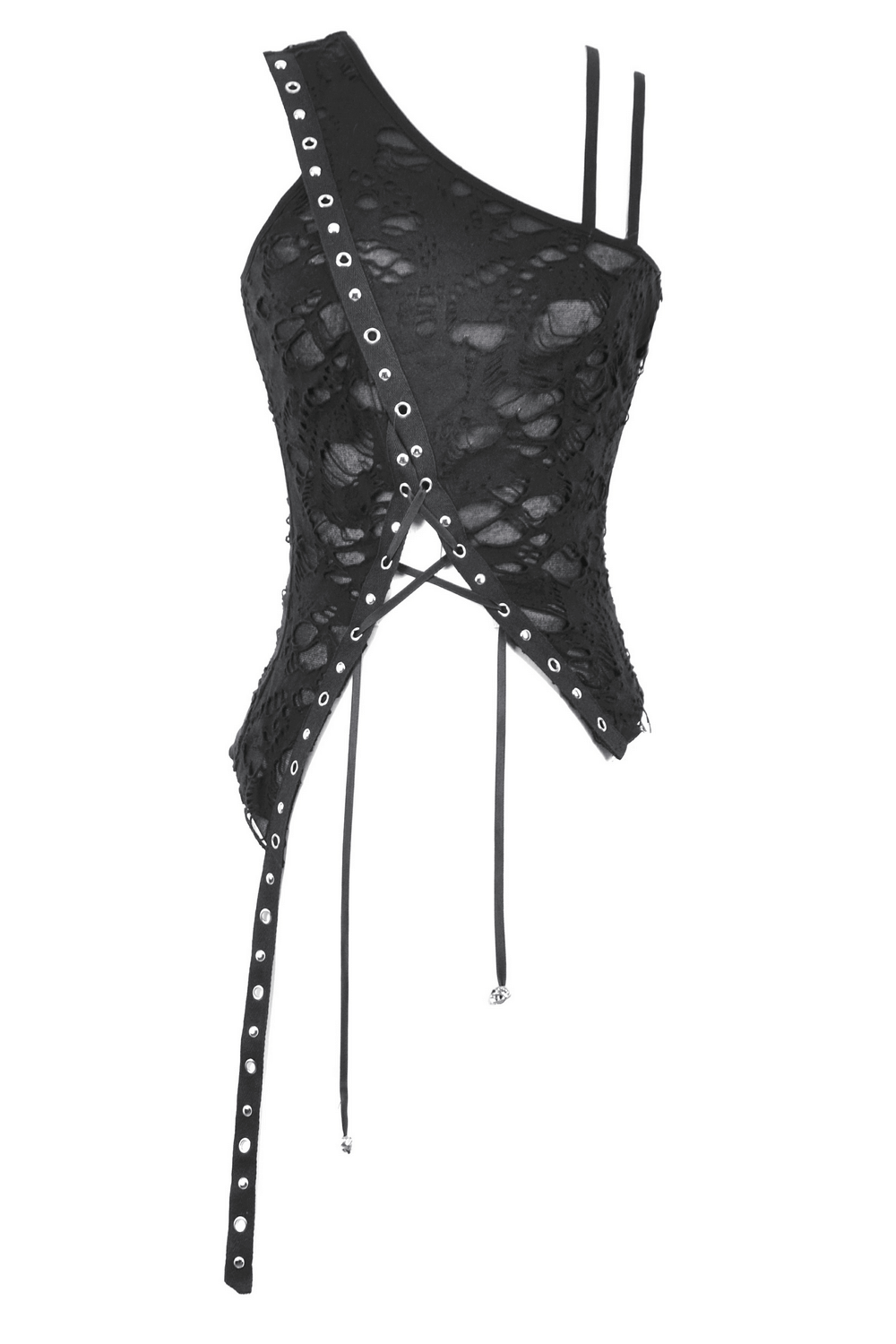 Distressed asymmetrical gothic top with lace-up design and grommet straps in black.