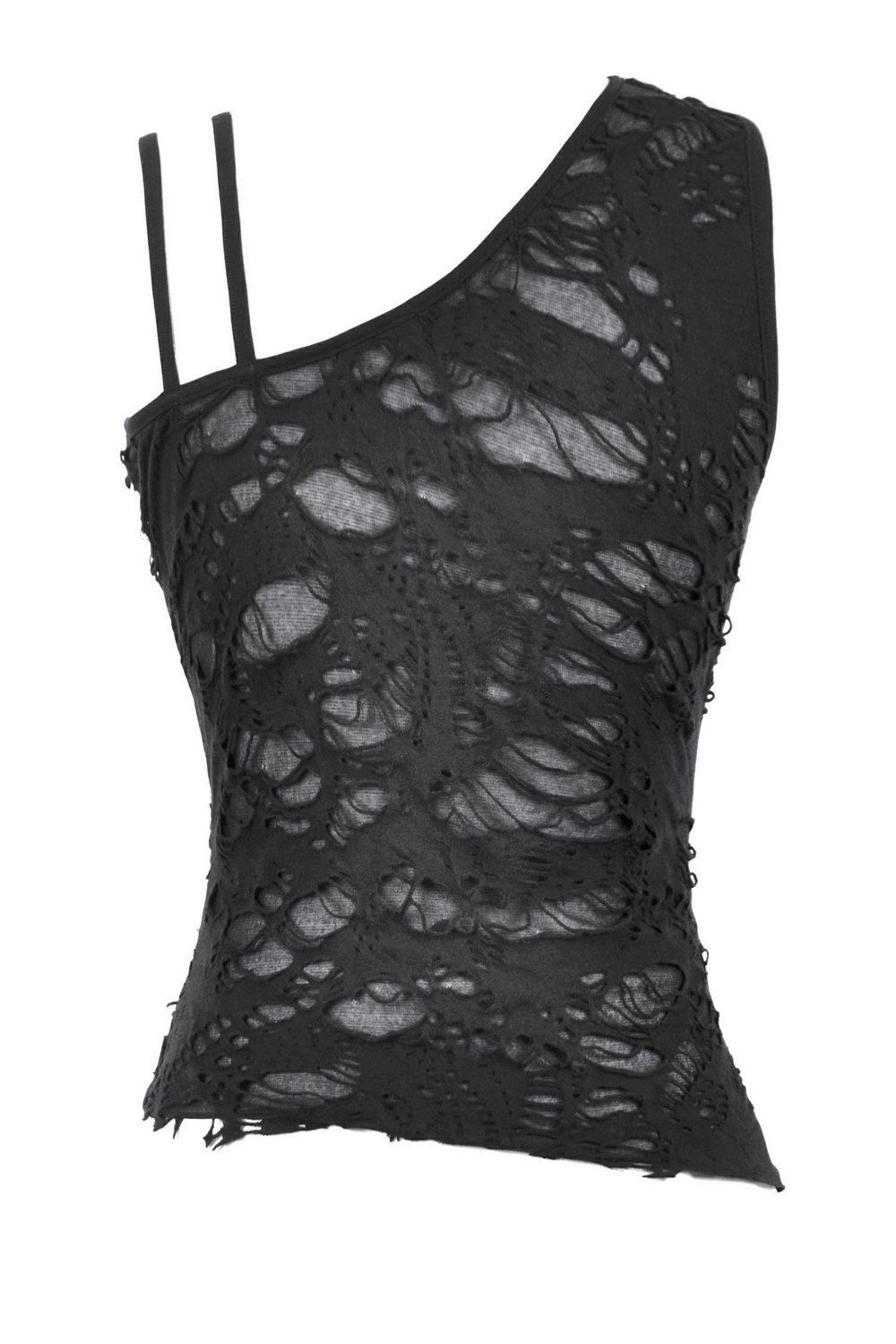 Distressed one-shoulder gothic top with lace-up front and grommet straps for punk fashion lovers.
