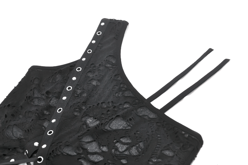 Asymmetrical gothic top with grommet straps, lace-up design, and a distressed texture for a punk chic style.