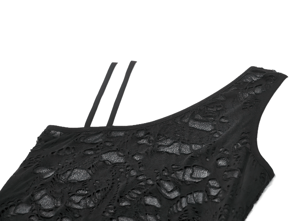 Distressed asymmetrical gothic top with grommet straps and shredded texture in black, perfect for punk fashion lovers.