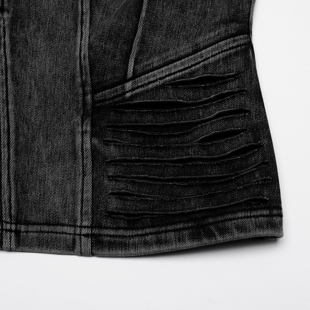 Close-up of distressed black denim tank top with slashed stitch design, showcasing edgy punk style and cutout detail.