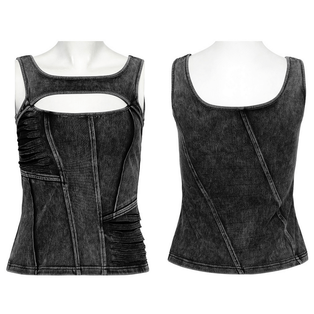 Distressed black denim tank top with cutout detail and edgy slashed design for punk and street style.