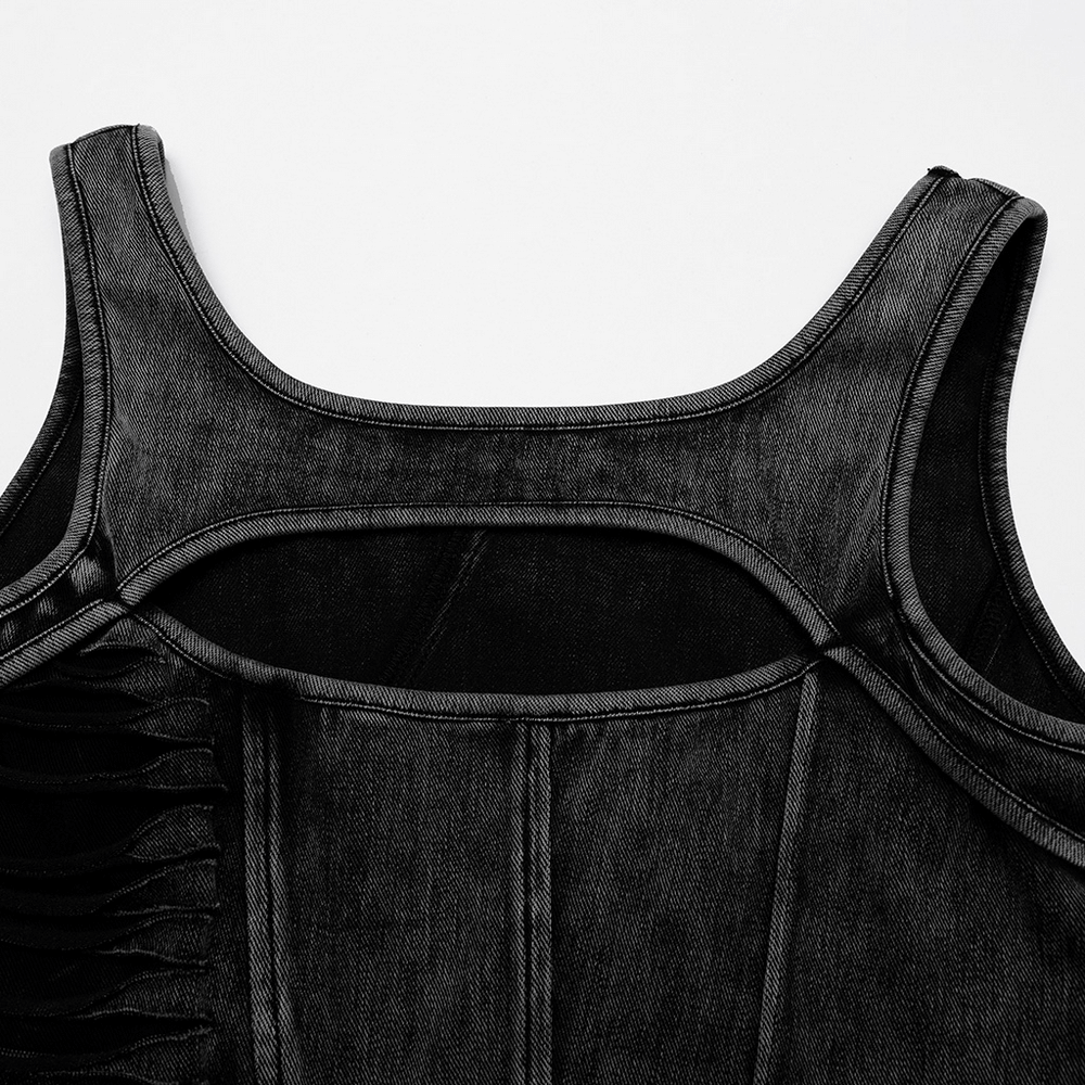 Distressed black denim tank top featuring cutout detail and layered slashes for a punk rock style.