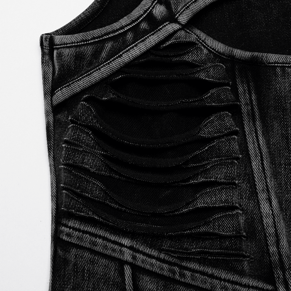 Distressed black denim tank top featuring cutout detail and layered slash panels, ideal for punk and street style.