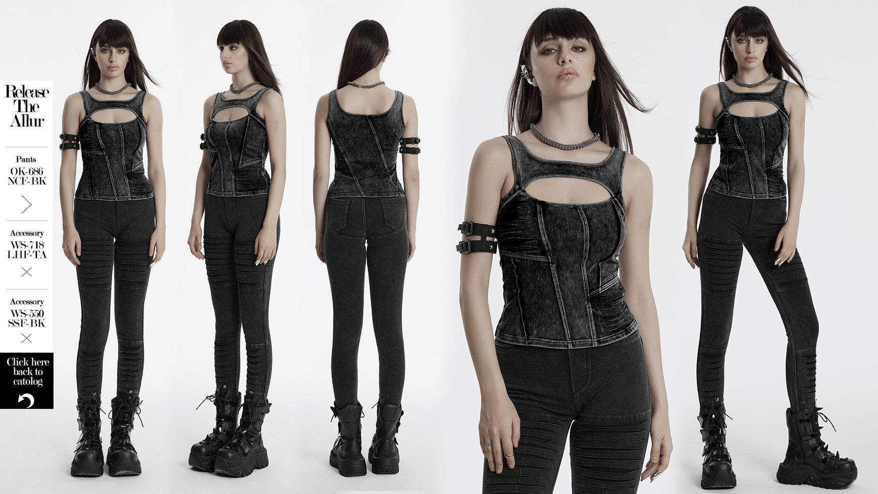 Distressed black denim tank top with cutout detail and punk-inspired design, perfect for alternative fashion.