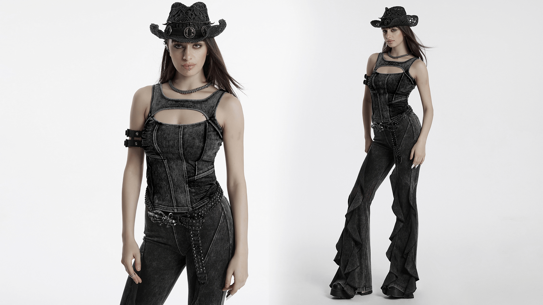 Distressed black denim tank top with cutout detail, styled with cowboy hat for edgy punk fashion.