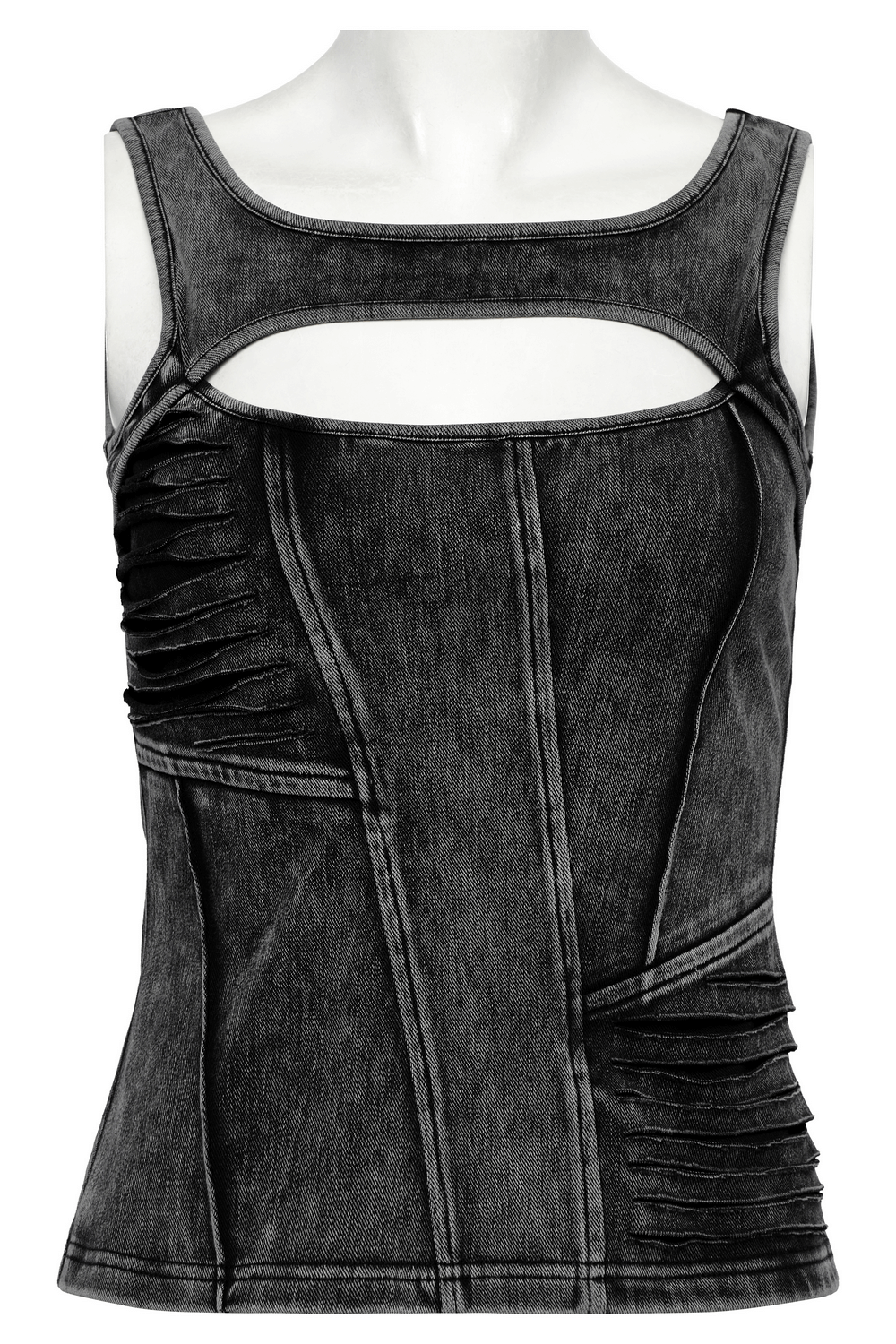 Distressed black denim tank top with cutout detail and slashed design for a punk-inspired look.