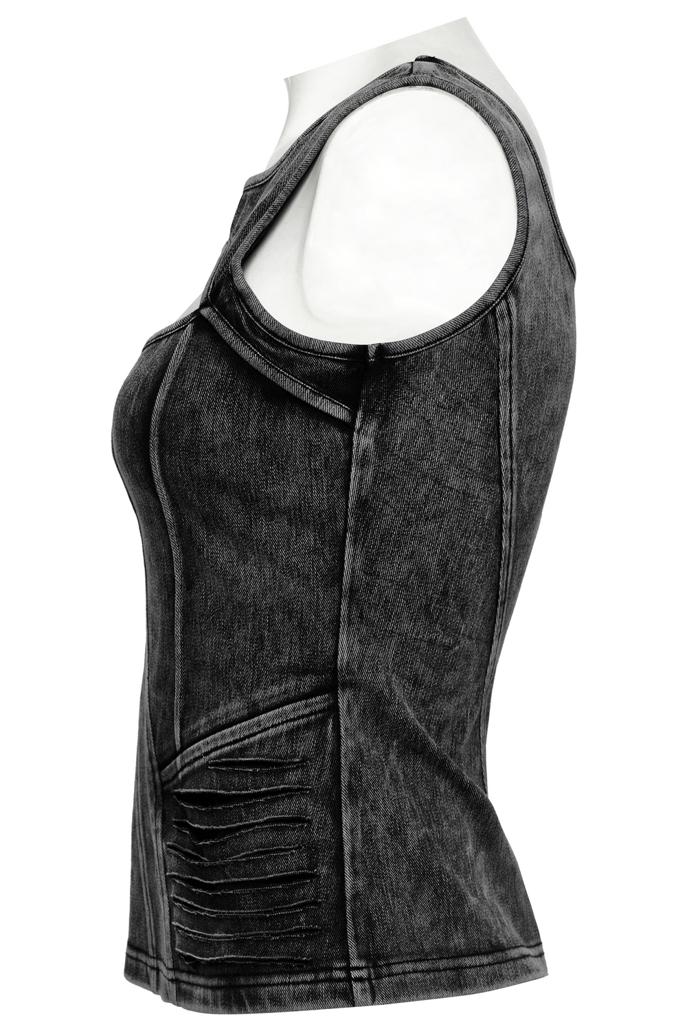 Distressed black denim tank top with cutout detail and slashed stitch design, perfect for punk and alternative fashion.