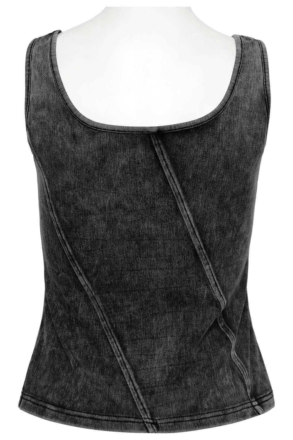 Back view of distressed black denim tank top showcasing cutout detail and asymmetrical stitching.