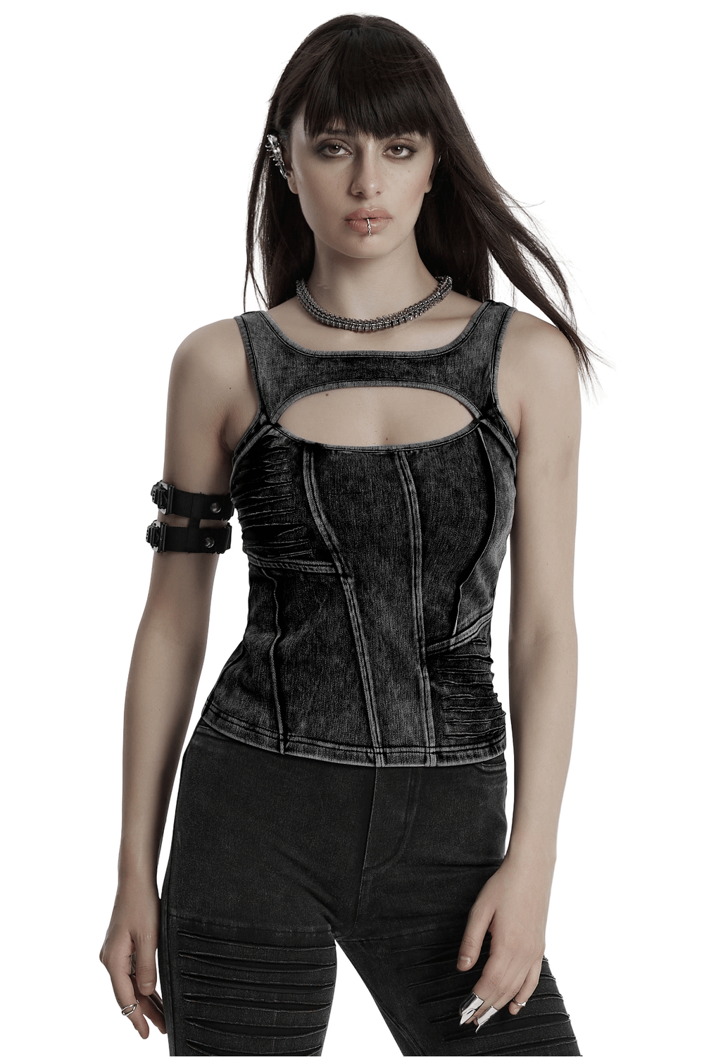 Distressed black denim tank top with cutout detail, featuring asymmetric stitching and edgy punk style.