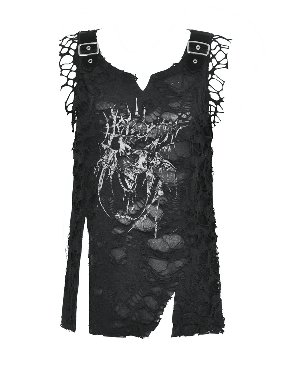Distressed black punk tank top with skull graphic and buckle straps, featuring shredded net design for a gothic edge.