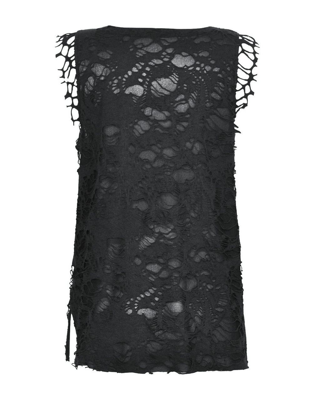 Distressed black punk tank top with shredded net and asymmetrical hem, perfect for a grunge-inspired look.