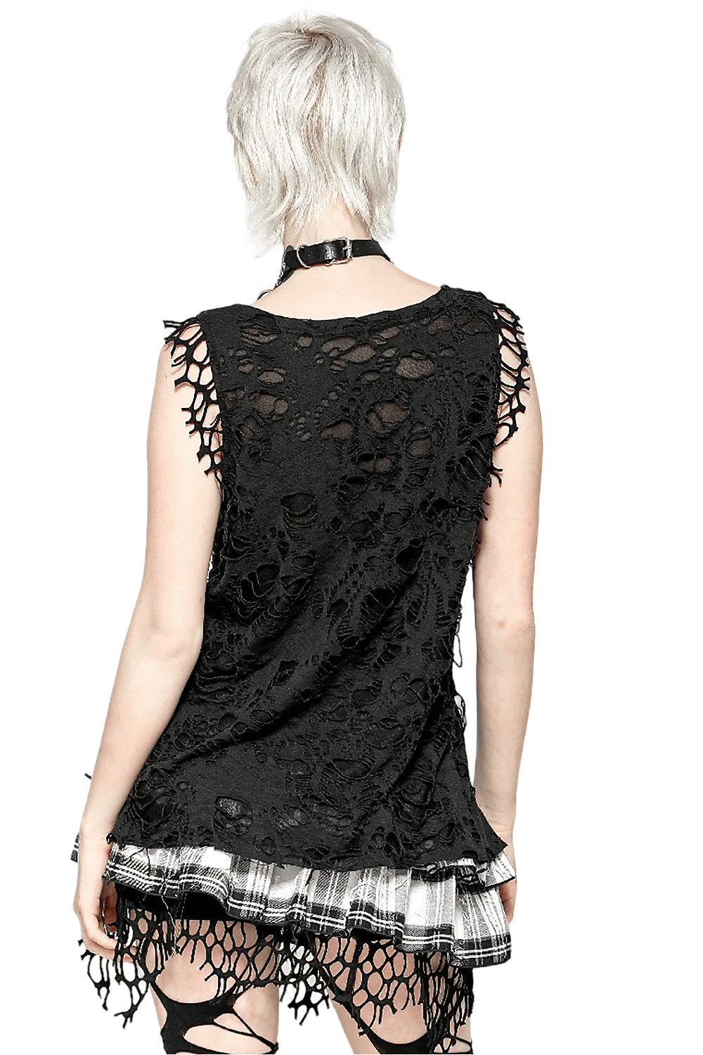 Back view of a distressed black punk tank top with shredded net design and asymmetrical hem.