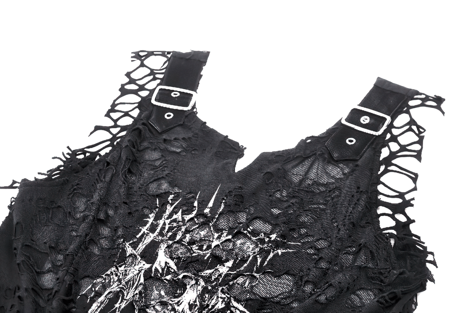 Distressed black punk tank top with skull print and buckle straps, featuring a shredded net design.