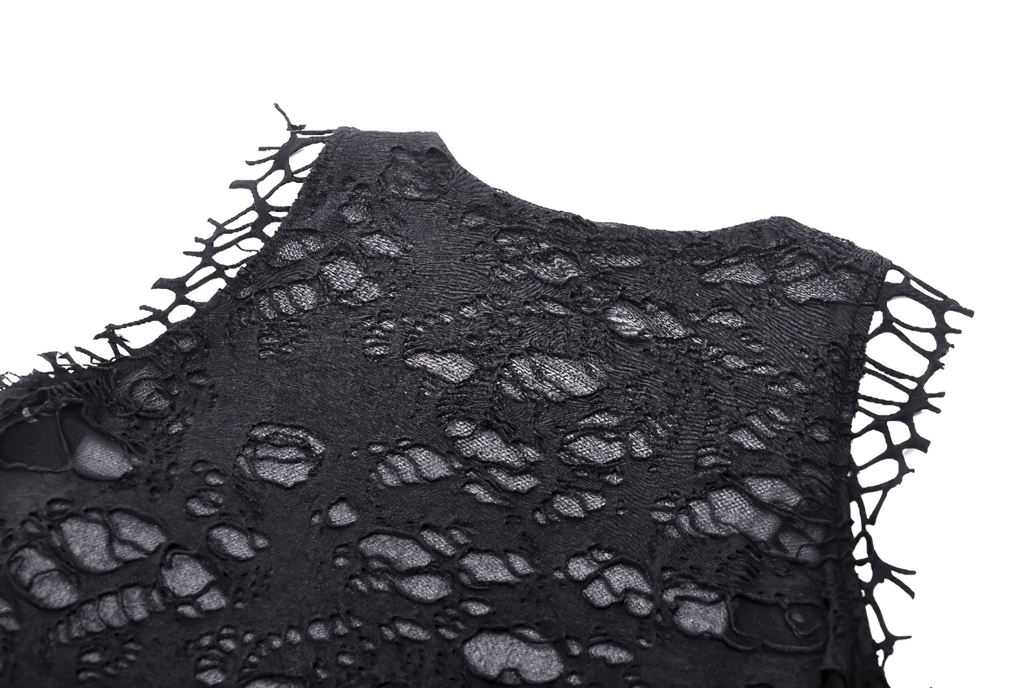 Close-up of distressed black tank top showcasing a shredded texture and raw edge design, perfect for punk style.