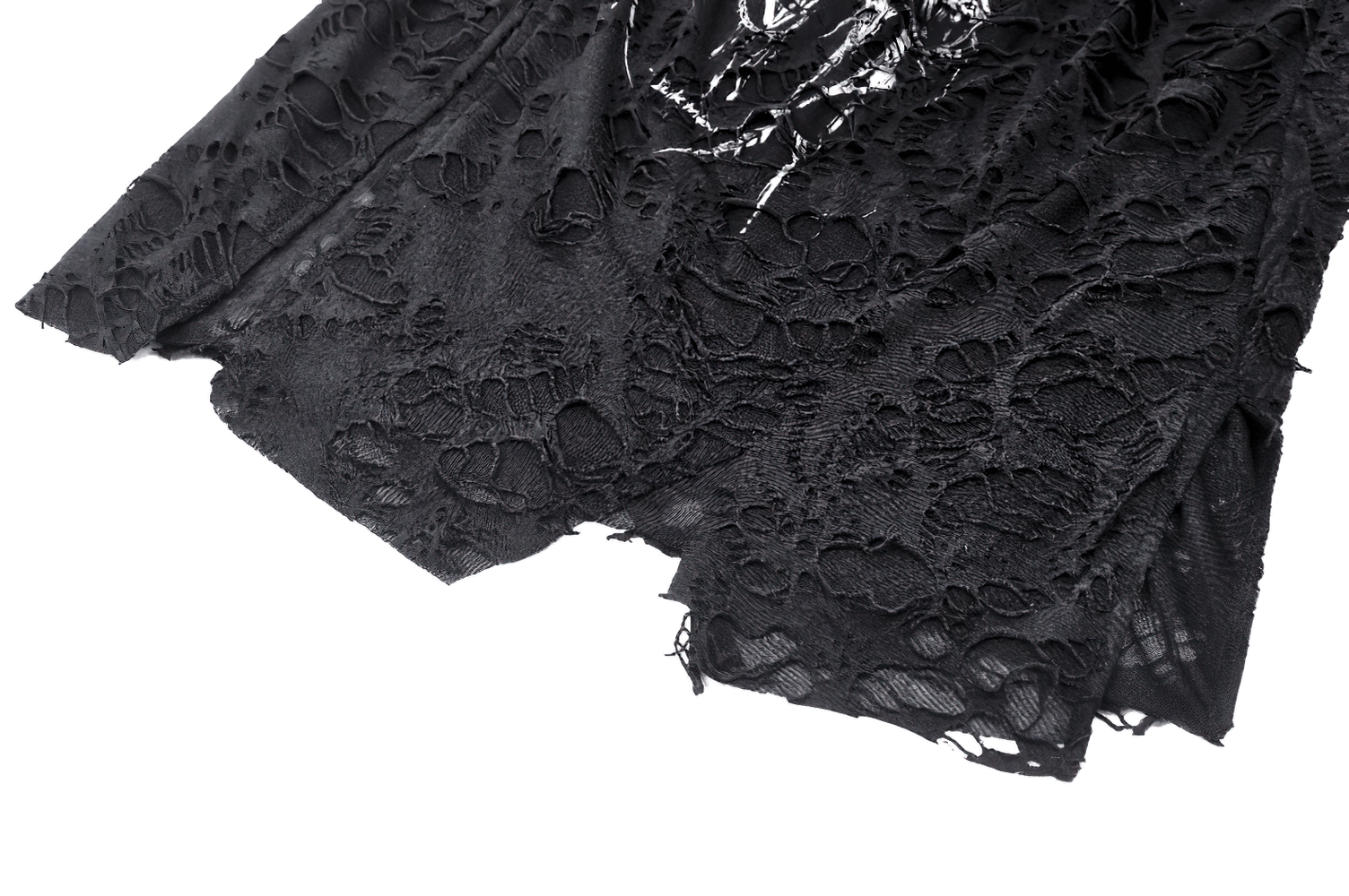 Distressed black punk tank top featuring shredded lace design and asymmetrical hem for a gothic style.