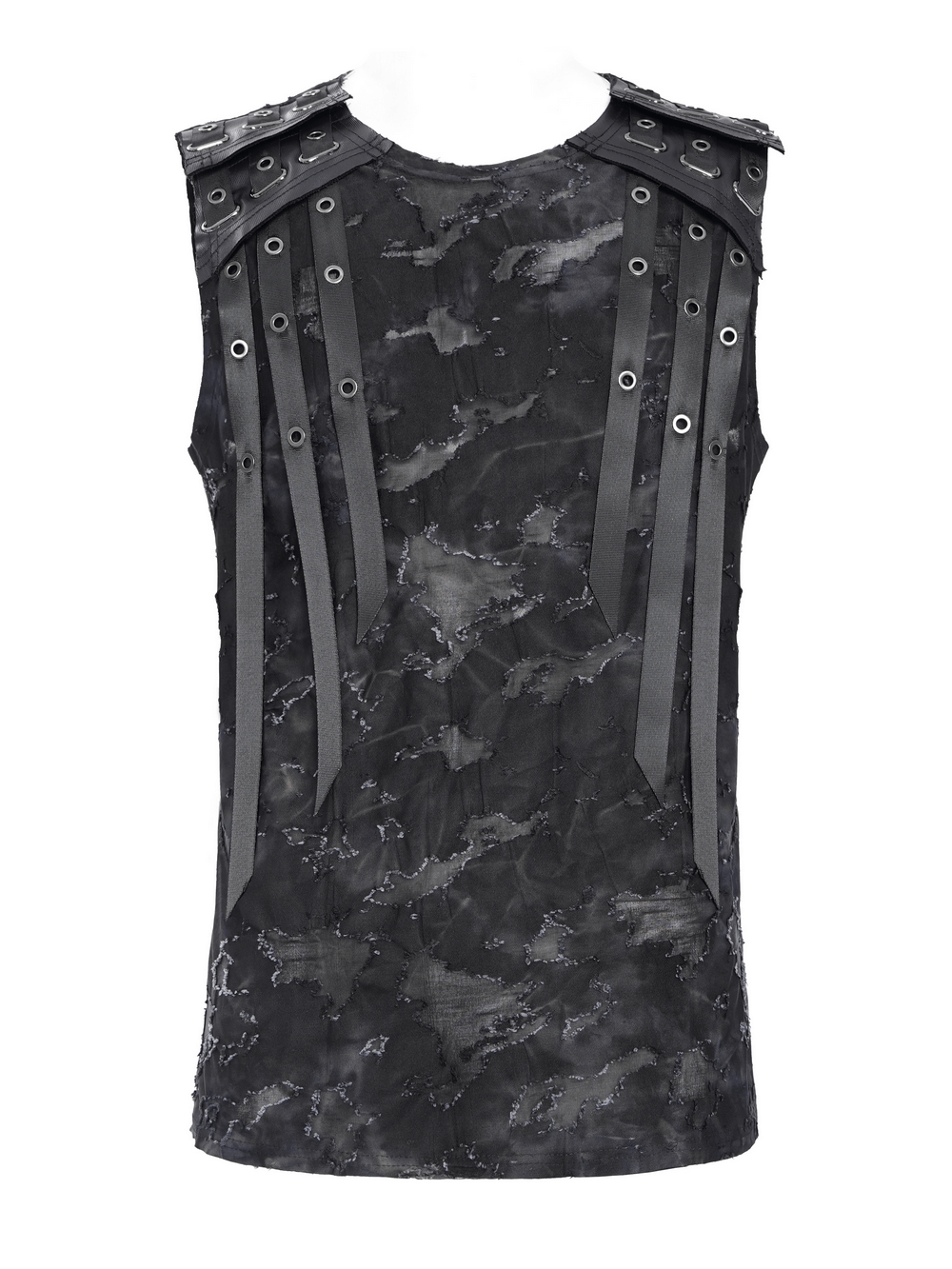 Distressed black sleeveless top featuring unique eyelet straps detail for a trendy, edgy look.