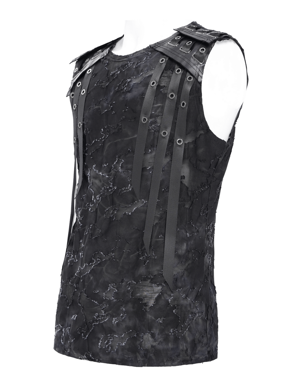 Stylish distressed black sleeveless top featuring eyelet straps for a bold and edgy look.