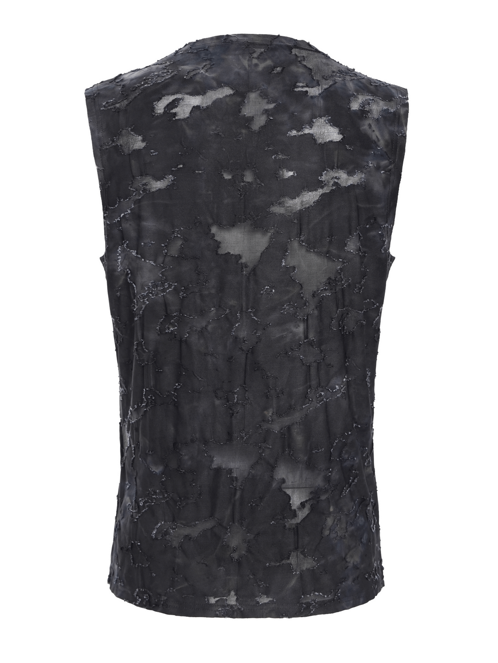 Distressed black sleeveless top featuring stylish eyelet strap details on the back.