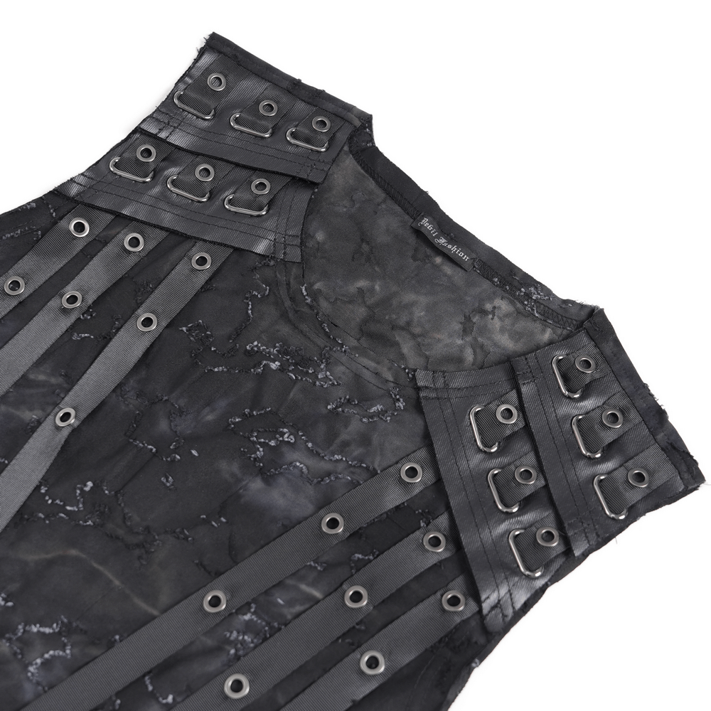 Distressed black sleeveless top with eyelet straps and edgy design details.