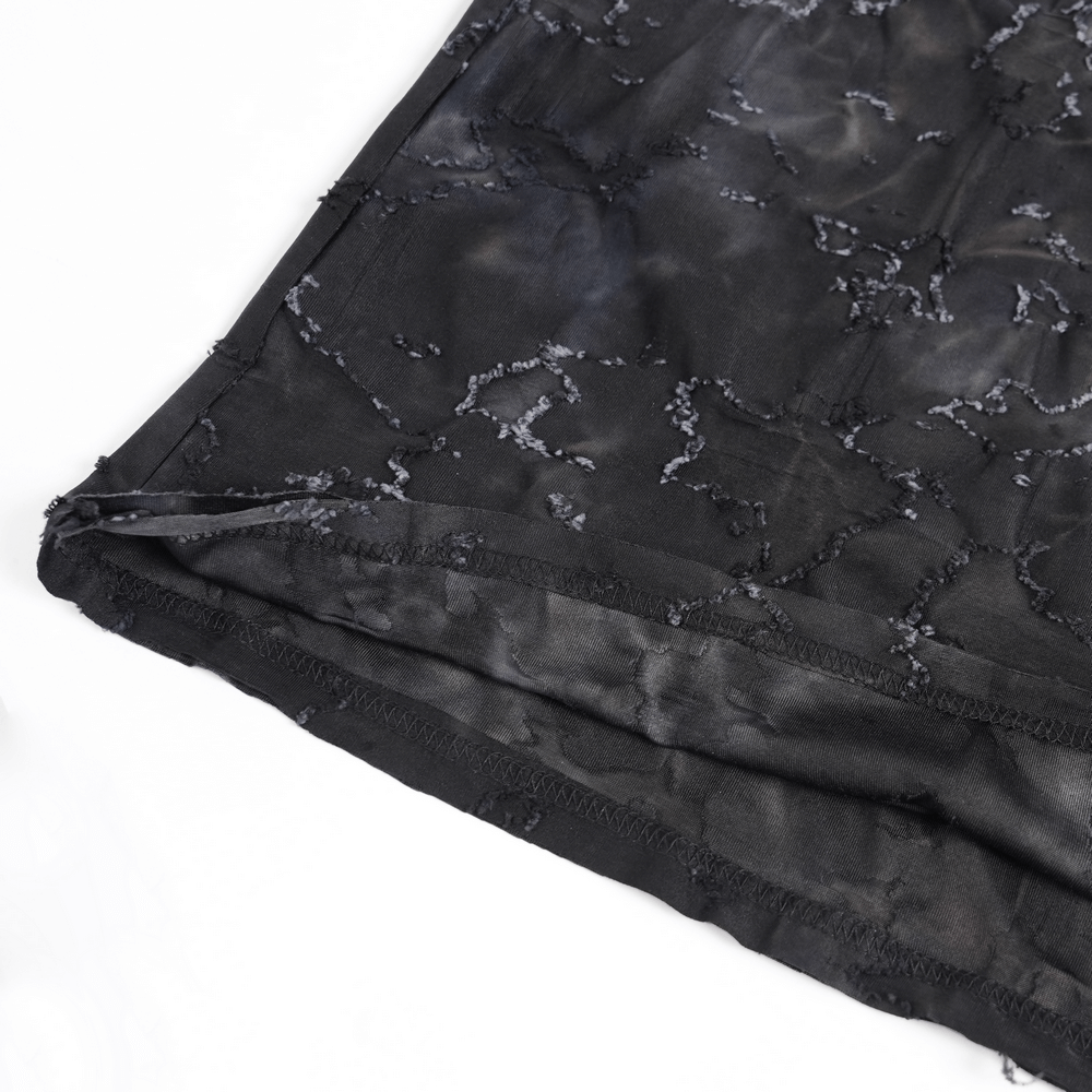 Distressed black sleeveless top featuring eyelet straps and textured fabric detail, perfect for casual looks.