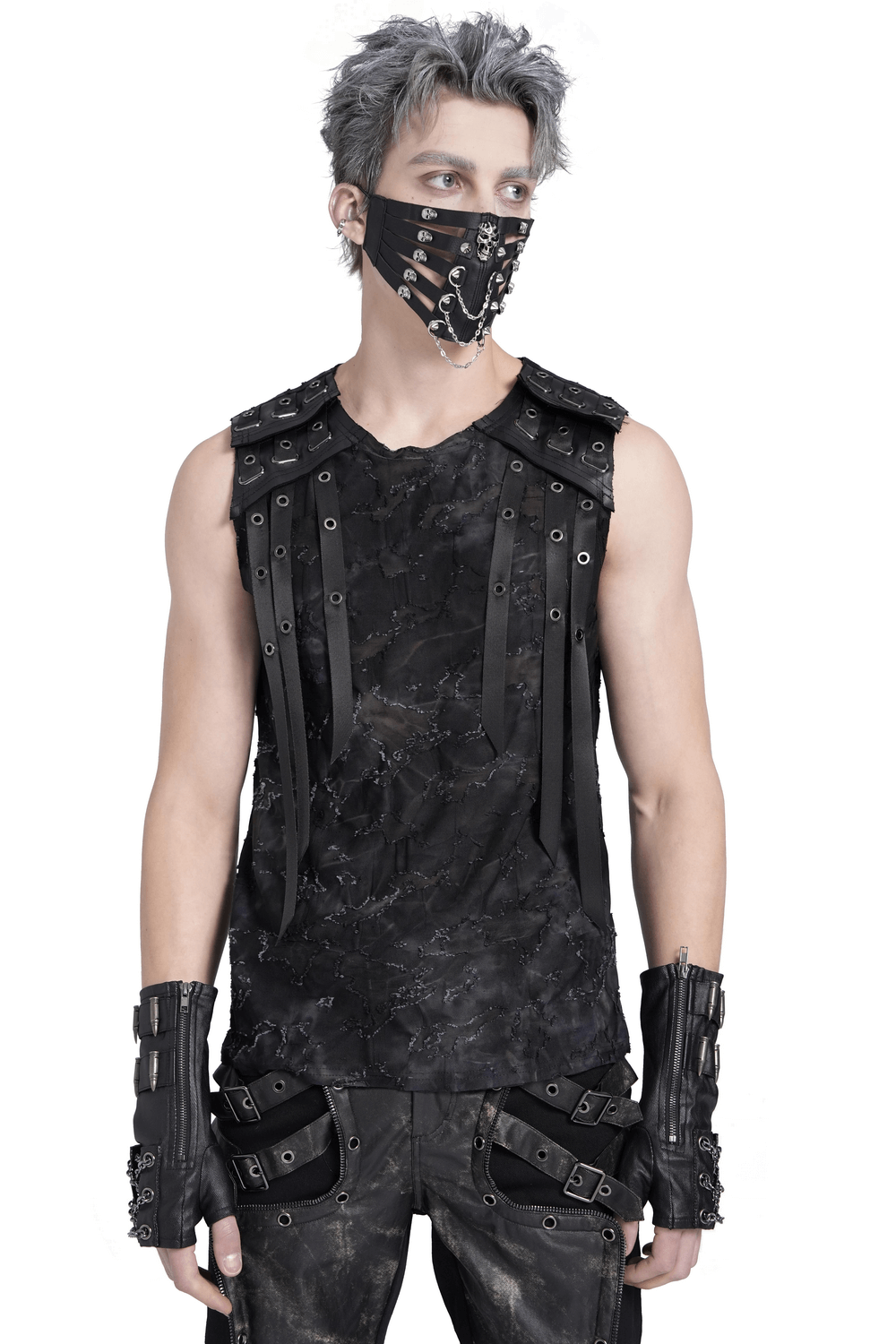 Distressed black sleeveless top with eyelet straps detail showcased on a model wearing edgy accessories.