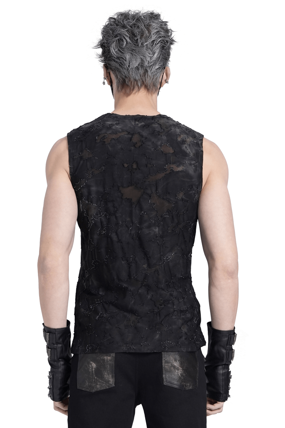 Distressed black sleeveless top with eyelet straps detail, perfect for edgy, stylish outfits.