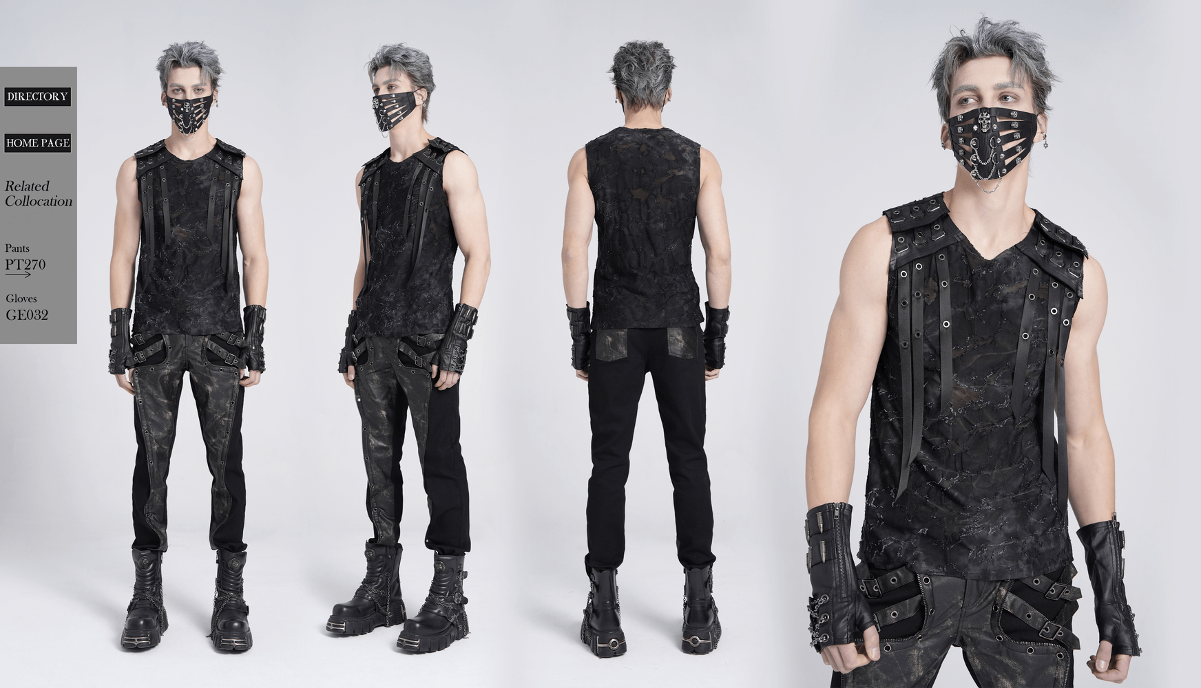 Model showcasing a distressed black sleeveless top with eyelet straps detail, paired with edgy accessories.