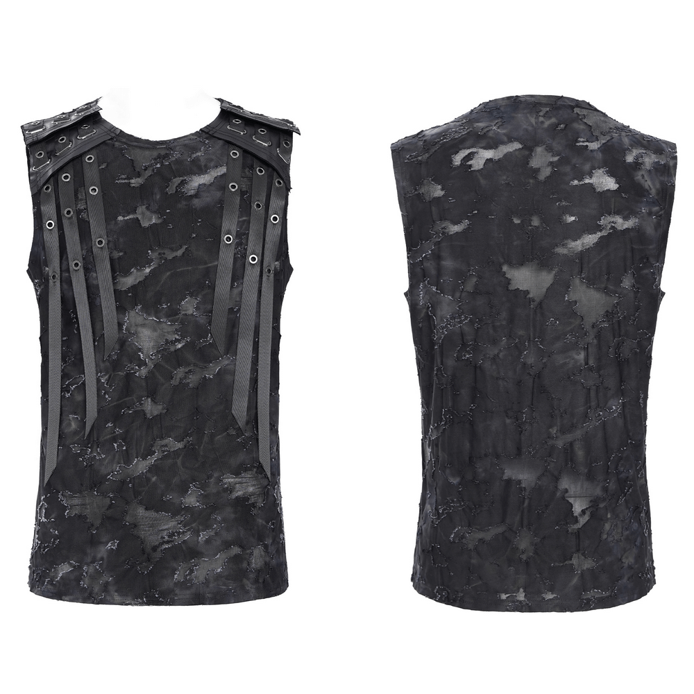 Distressed black sleeveless top with eyelet strap details, showcasing a trendy and edgy fashion style.