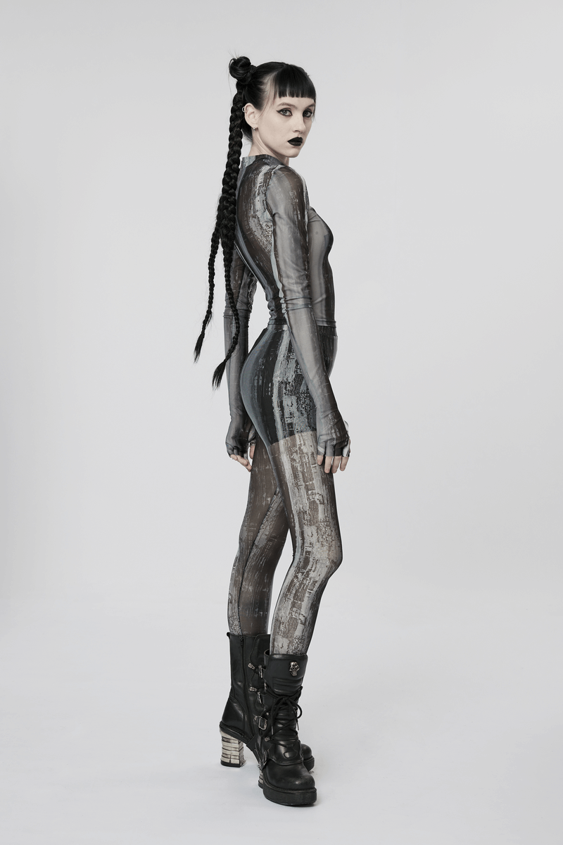 Model wearing distressed cyberpunk leggings in mesh techwear style, featuring a striking post-apocalyptic design.