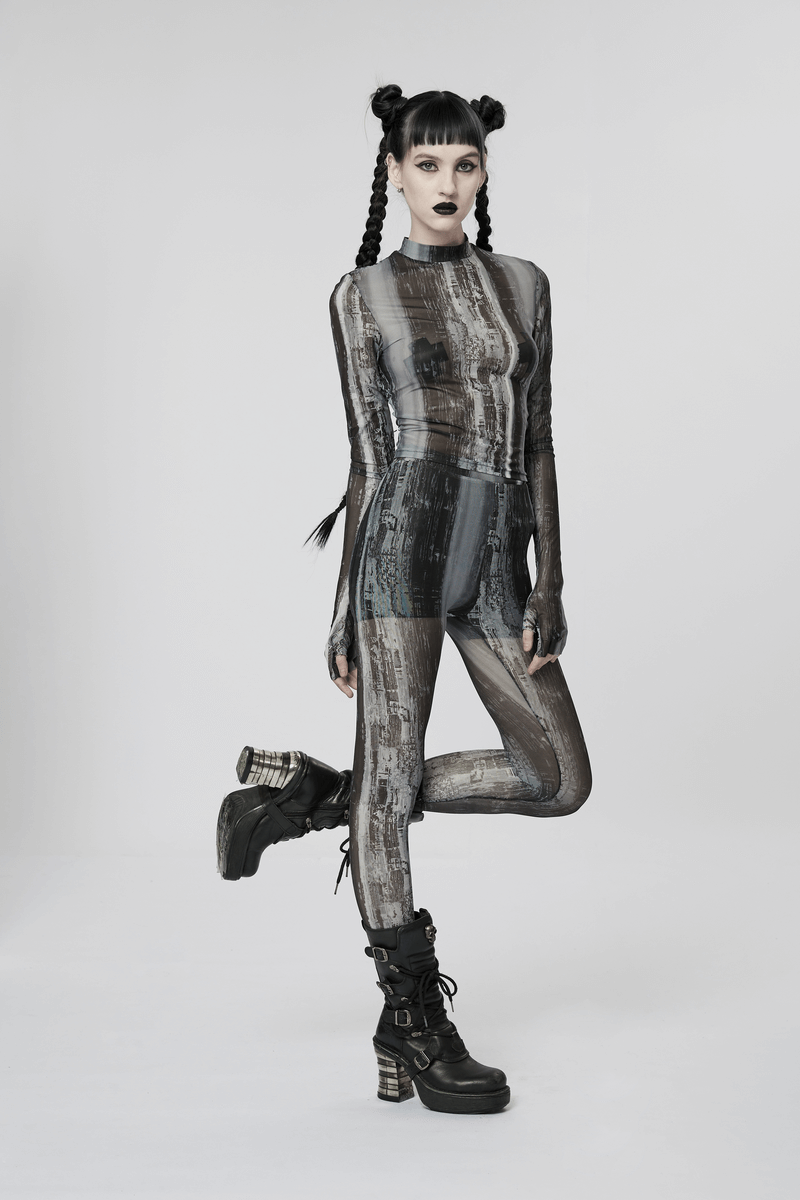 Model wearing distressed cyberpunk leggings and mesh top, showcasing edgy techwear fashion and bold aesthetic.