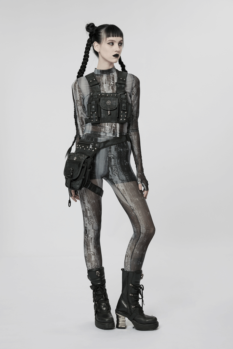 Model wearing distressed cyberpunk mesh leggings with techwear style, showcasing a post-apocalyptic fashion aesthetic.