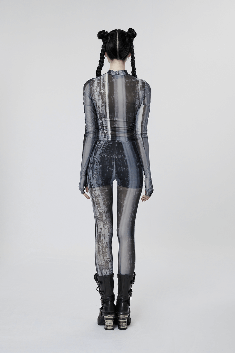 Back view of a model in distressed cyberpunk mesh leggings, showcasing a unique post-apocalyptic techwear look.