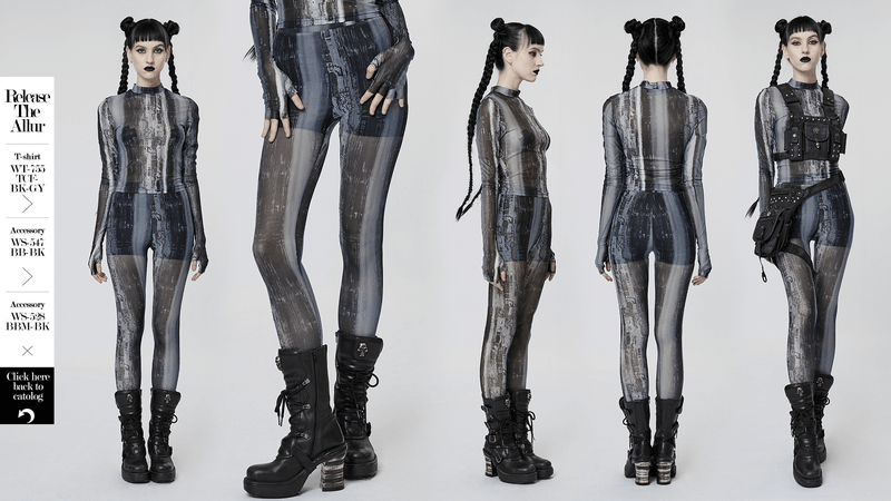 Futuristic distressed cyberpunk leggings showcasing a mesh techwear design, perfect for post-apocalyptic fashion.